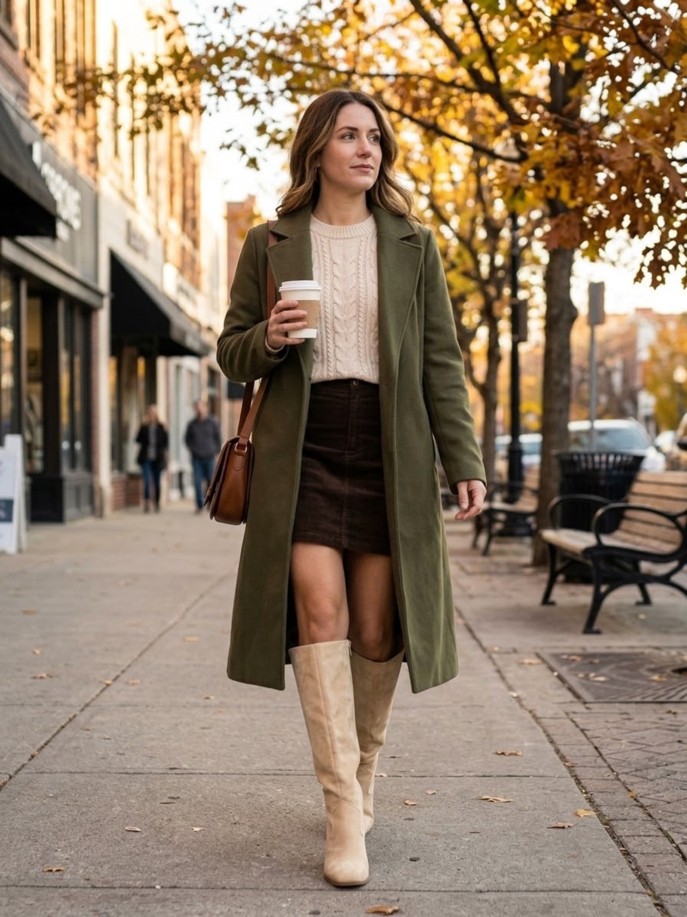 (O)Knee-High Block Heel Boots in Beige - Women's Suede Look,Sz 9.5